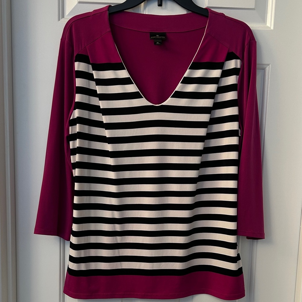 Worthington Striped Blouse with Magenta Sleeves